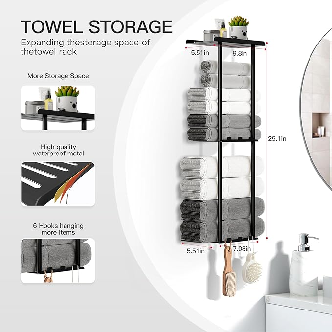 Towel Racks for Bathroom, 3 Tier Metal Towel Holder, with Shelf & 6 Hooks, 29 inch Wall Mounted Towel Storage, 6 Large Bath Towels Capacity,Small Bathroom Towel Rack for Rolled Towels, Black