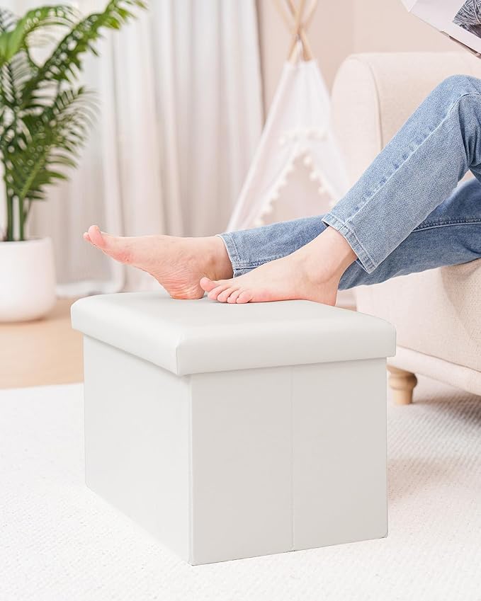 B FSOBEIIALEO Folding Storage Ottoman Cube Faux Leather Ottomans for Living Room, Bedroom, Home Office, Dorm Storage Footrest White 16.5"x12.6"x12.6"