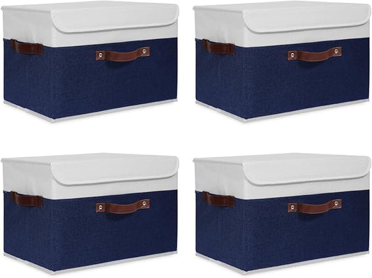 ANMINY 4PCS Storage Boxes with Lid Washable Decorative Storage Bin Basket with PU Leather Handle Foldable Linen Fabric Storage Cube Container for Home Closet Organizer - Deep Blue White, Large Size-NeatNest