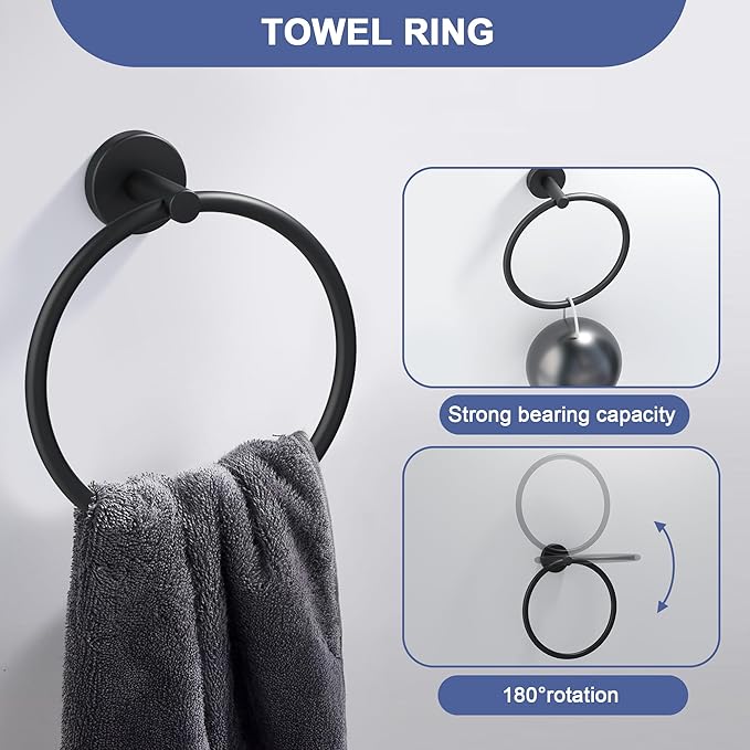 Matte Black Bathroom Hardware Set, 18 Inch SUS304 Stainless Steel Bath Towel Bar Set, Bathroom Accessories Set, Towel Rack, Towel Ring, Toilet Paper Holder, Robe Towel Hooks, 5-Pieces
