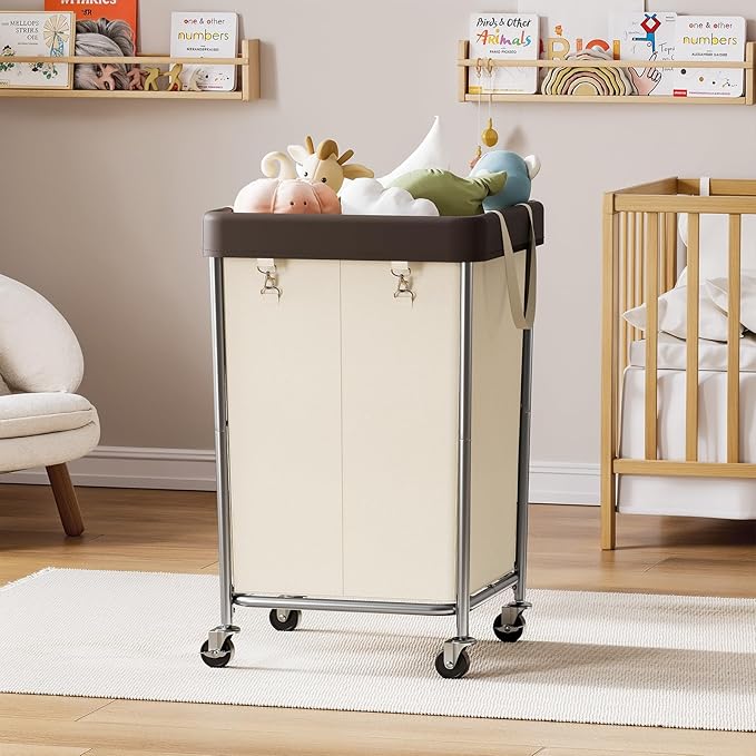 Chrislley 160L Laundry Hamper with Wheels, 2 Section Large Laundry Basket with Removable Bag, Steel Frame Dirty Clothes Hamper, Rolling Laundry Cart for Bedroom, Bathroom, Dorm, Hotel, Beige