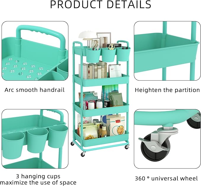 JIUYOTREE 4-Tier Plastic Rolling Storage Cart Utility Cart with Extra Hanging Cups Handles Lockable Wheels for Living Room Bathroom Kitchen Office Green-NeatNest