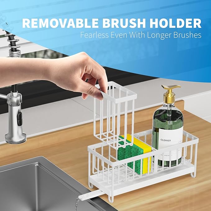 Cisily White Sponge Holder for Kitchen Sink, Sink Caddy Organizer with High Brush Holder, Kitchen Countertop Organizers and Storage Essentials, Rustproof 304 Stainless Steel, Soap Dispenser Organize-NeatNest