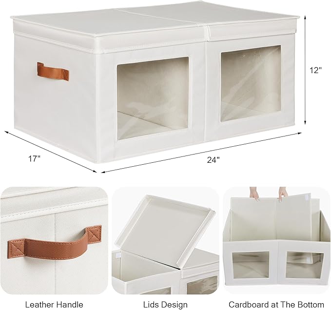Univivi Large Storage Boxes with Lids, Collapsible Foldable Storage Bins for Clothes, [2-Pack] Fabric Storage Cubes with Handles, Closet Organizers for Home, Bedroom (Beige, 24” x 17” x 12")-NeatNest