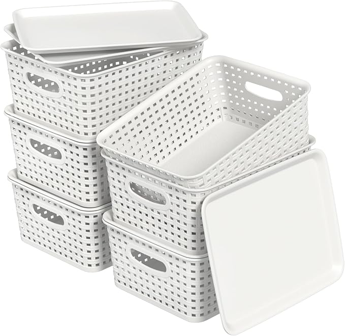 6 Pack Plastic Storage Baskets with Lids, Stackable Decorative Box Bin, Small Weave Storage Containers, White