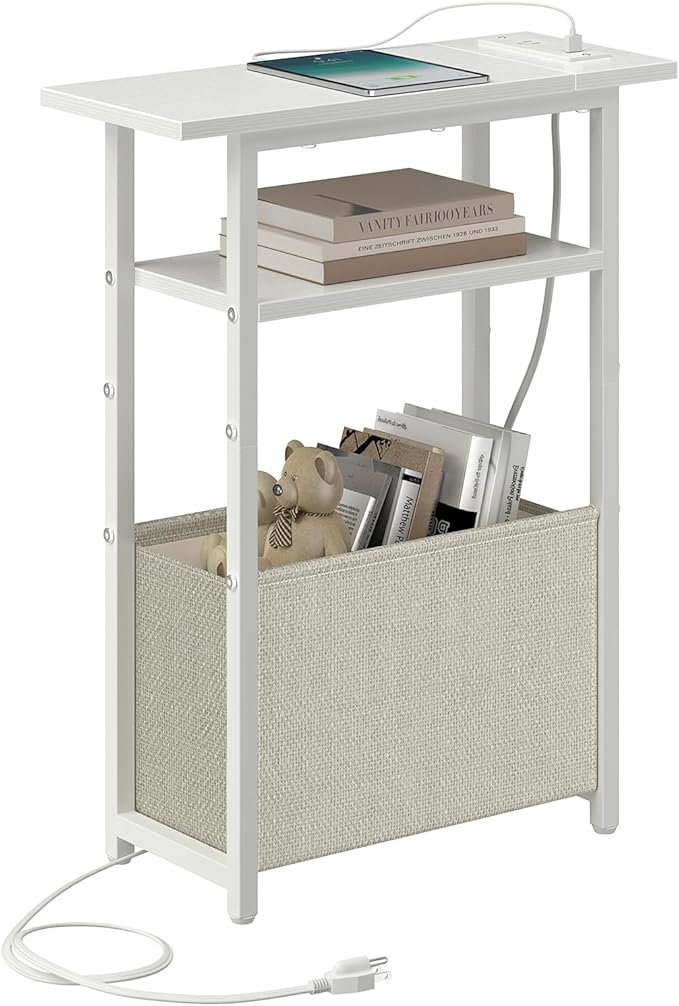 Narrow Side Table with Charging Station, Small End Table for Small Spaces, Skinny Nightstands with Storage Basket, 3 Tier Sofa Couch Bedside Tables for Living Room,Bedroom, White