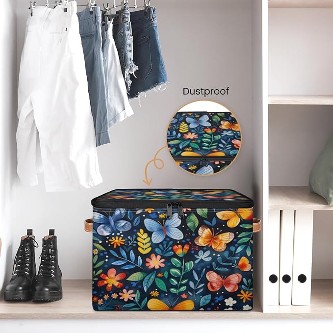 Colorful Butterfly Storage Bins with Zipper Lid, Spring Floral Lidded Storage Baskets Boxes Foldable Organizer with Leather Handles for Clothes Closet Shelf Toys-NeatNest