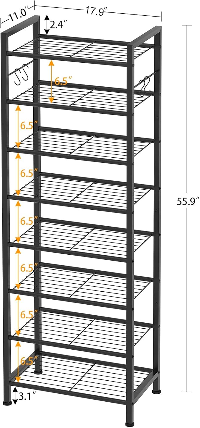 usikey 8 Tiers Narrow Shoe Rack 16-24 Pairs, Sturdy Metal Tall Shoe Rack with 4 Hooks, Slim Shoe Storage Organizer with Metal Shelf, Space Saving Vertical Shoe Shelf for Entryway, Closets, Black-NeatNest
