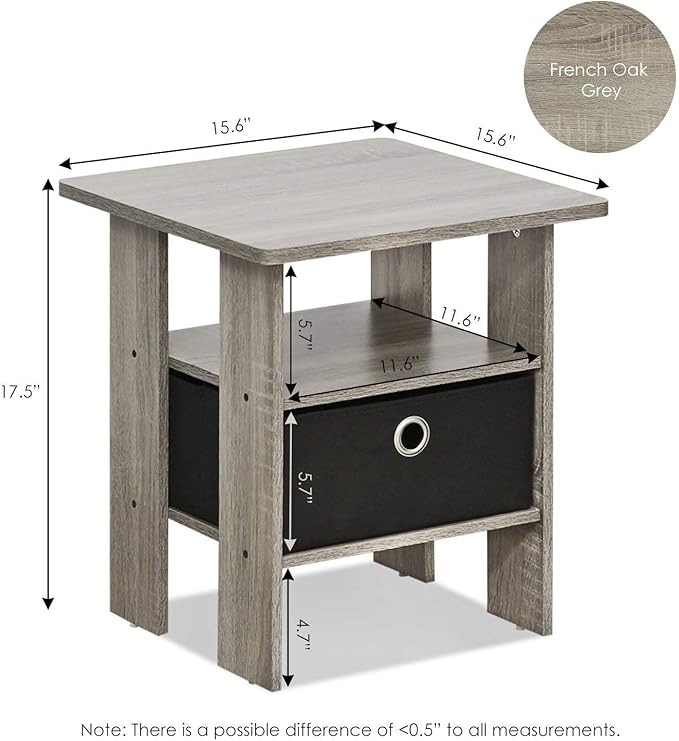 Furinno Andrey Set of 2 End Table / Side Table / Night Stand / Bedside Table with Bin Drawer, French Oak Grey