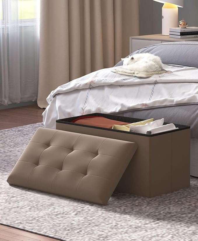 Folding Storage Ottoman Bench, Multi-Functional Ottoman Footrest, End of Bed Bench, Storage Chest for Living Room, Bedroom, Hallway, Entryway, Holds Up to 700 lbs (Brown, 30 Inches)