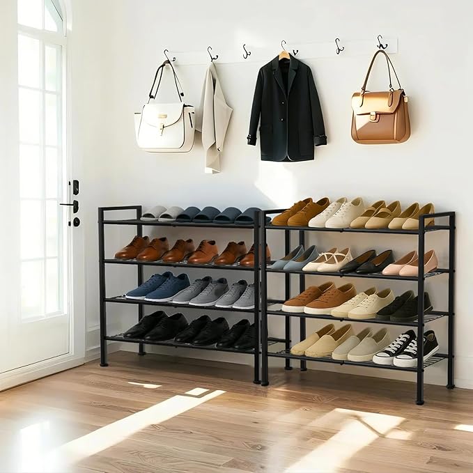 Simple 4 Tier Shoe Rack,Metal Stackable Shoe Storage Organizer for Closet,Entryway, Bedroom, Black (Black, 4-Tier)-NeatNest