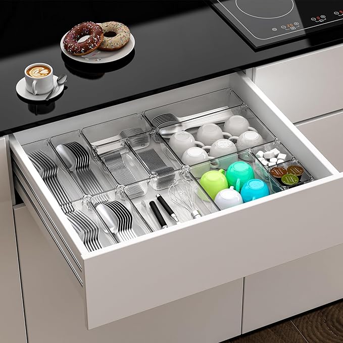 7 Pack Clear Plastic Drawer Organizer Set,4 Sizes Bathroom Drawer Organizers and Storage Bins,Vanity Drawer Organizer for Makeup,Cosmetics,Jewelry,Utensils,Gadgets,Office In Drawer Organizers Trays-NeatNest