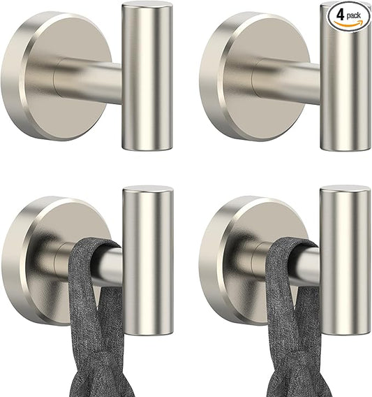 Brushed Nickel Towel Hook, Coat Robe Clothes Hook for Kitchen Garage Wall Mounted 4 Pack, 304 Stainless Steel, Heavy Duty Door Hanger, Cabinet Closet Wall Hook for Hotel Pool (Brushed Nickel)
