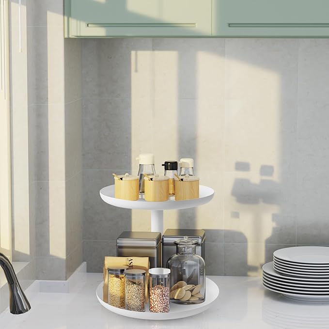 IBERG 2-Tier Metal Lazy Susan Organizer, White, 9"&10" - Modern, Rotating Spice Organizer for Kitchen & Pantry