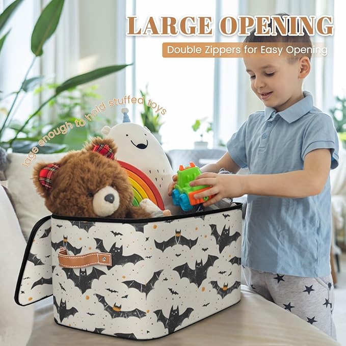 Halloween Theme Storage Bins with Lids, Bat Fabric Storage Boxes with Zipper, Collapsible Decorative Closet Organizer Cube for Clothes,Organizing, Shelves-NeatNest