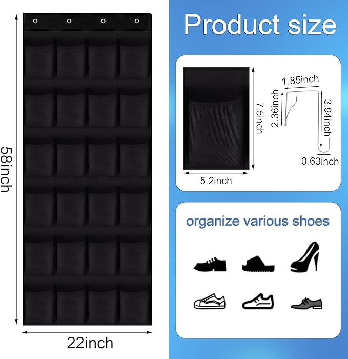 Over the Door Shoe Organizer, 24 Large Breathable Mesh Pockets, Hanging Storage Holder, Hanging Shoe Organizer(Black)-NeatNest