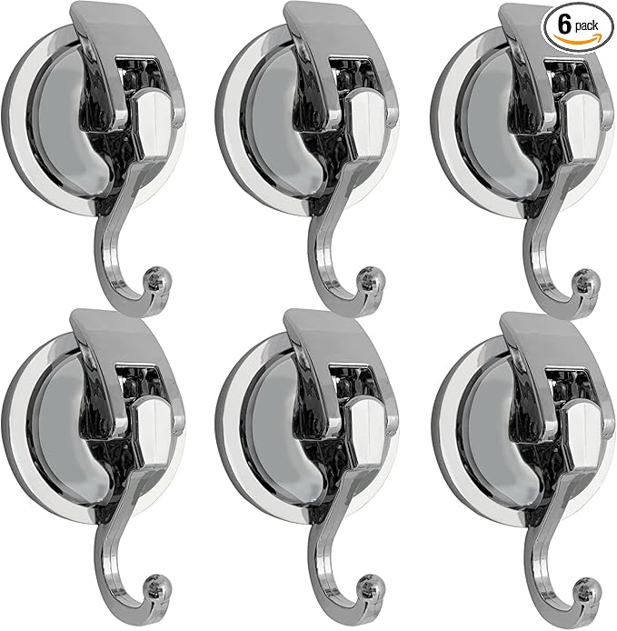 Heavy Duty Suction Cup Hooks for Shower, Bathroom Robe - Vacuum Glass Hooks, Reusable, No Hole Punched, for Garland Decoration (Silver, 6 Pack)