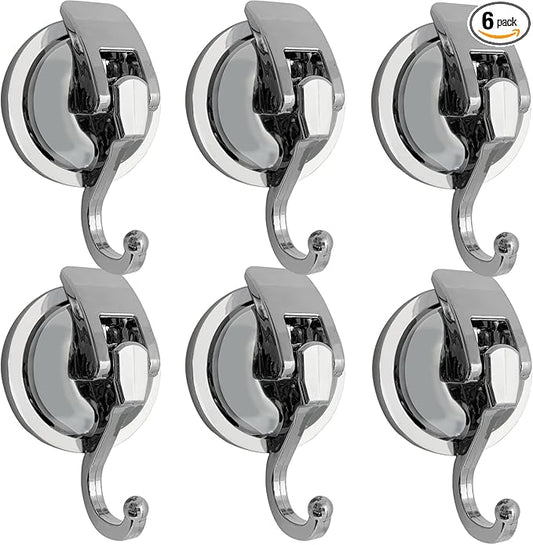Heavy Duty Suction Cup Hooks for Shower, Bathroom Robe - Vacuum Glass Hooks, Reusable, No Hole Punched, for Garland Decoration (Silver, 6 Pack)