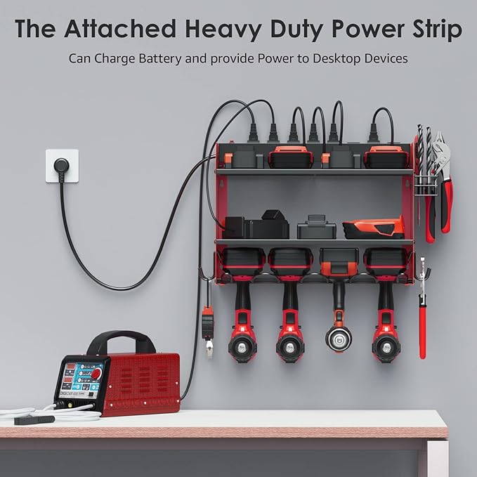 CCCEI Modular Power Tool Organizer Wall Mount with Charging Station. Garage 4 Drill Storage Shelf with Hooks, Screwdriver, Drill Bit Heavy Duty Rack, Tool Battery Holder Built in 8 Outlet Power Strip.-NeatNest