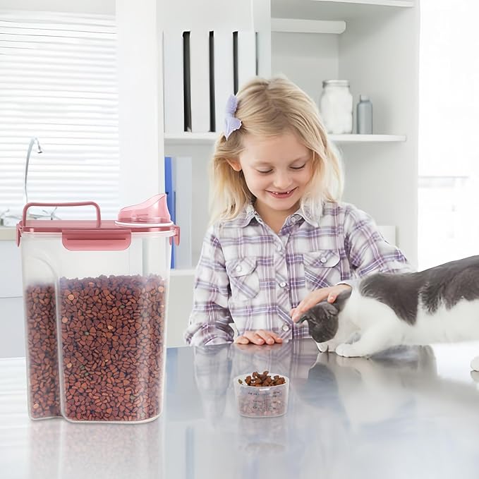 5-7Lbs Dog Cat Food Storage Container with Upgraded Large Nozzle BPA-free, 4 Snap Seals Plastic Pet Food Storage Containers with Handles (1, Clear Pink, 5L)-NeatNest