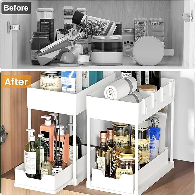 2 Pack Under Sink Organizer, 2 Tier Bathroom Organizers and Storage, Cabinet Organizer with Hook, Multi-Purpose Under Sink Organizers and Storage for Bathroom & Kitchen, Bedroom (White)-NeatNest