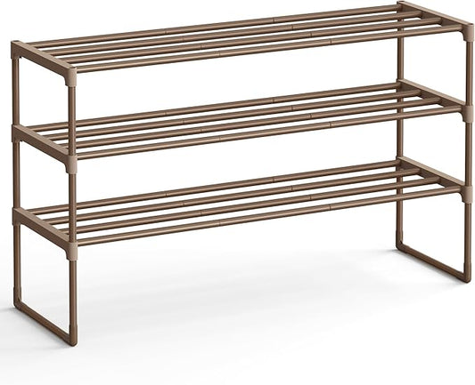 SONGMICS Shoe Rack, 3-Tier Shoe Organizer, Metal Storage Shelf, Upright or Upside Down, for 16-20 Pairs, Stackable, for Entryway, 11.8 x 36.2 x 21.7 Inches, Walnut Brown ULSA303K01-NeatNest
