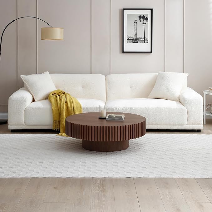 kevinplus 31.49'' Round Coffee Table Modern Wood Coffee Table for Living Room, Contemporary Circle Fluted Drum Style, Easy Assembly, Walnut (ø31.49'' x 13.77'')
