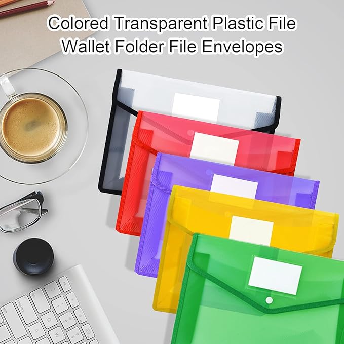 CHEPULA A4 Plastic File Folder Poly Envelope Expanding File Wallet Document Organizer with Snap Closure & Label Pocket Clear Colored Waterproof Accordion File Pouch for Office Home Storage
