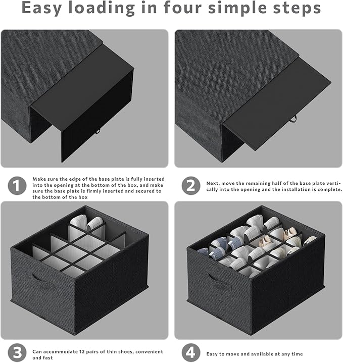 2 Pack Shoe Organizer for Closet,Foldable Shoe Organizer,Fits up to 24 Pairs,Storage Containers With Bottom Support for Shoes (Black, 16.5 * 12.6 * 9.5in)-NeatNest