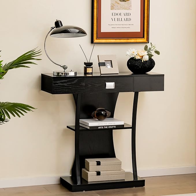 Giantex Narrow Console Table T-Shaped - Behind Couch Table with Drawer, Shelves, Dual Anti-Tipping Kits, Modern Foyer Table, Sofa Side Table for Living Room, Entryway, Hallway, Entry Table (Black)-NeatNest