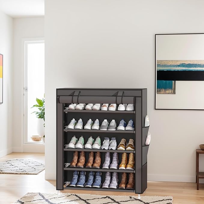 Laiensia 5-Tier Vertical Shoe Rack Organizer, Space Saving Shoe Storage Organizer, Non-Woven Cover Shoe Shelf Holds 20-25 Pairs for Bedroom, Hallway, Closet Entryway, Grey-NeatNest