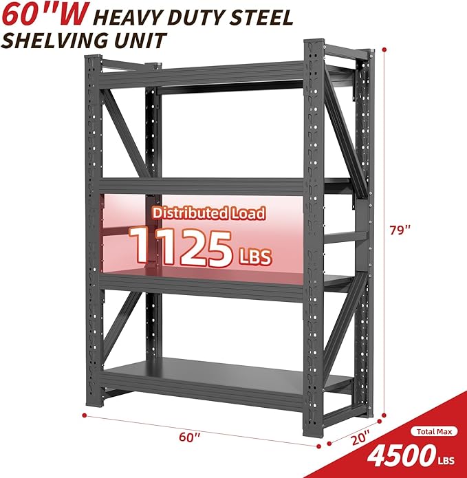60" W Garage Shelving,4-Tier Heavy Duty Storage Shelves Unit with Adjustable Metal Shelf for Warehouse,Basement,Workshop,4500LBS,60" W x 20" D x 79" H,Black-NeatNest