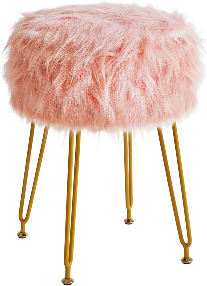 IBUYKE Round Faux Fur Vanity Stool with Storage, Furry Makeup Chair Ottoman, Soft Padded Seat, Round Footrest Footstools with 4 Metal Legs, for Living Room Bedroom Entryway, Pink WBD021P