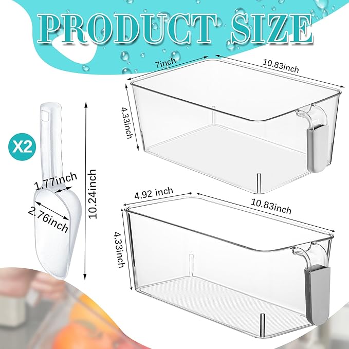 Havawish 2 Set Ice Bin and Flexible Scoop Set Plastic Freezer Ice Bin with Pull out Handle Clear Storage Bucket for Container with Bucket Scoop(Grey,10.83 x 7 x 4.33 in,10.83 x 4.92 x 4.33 in)