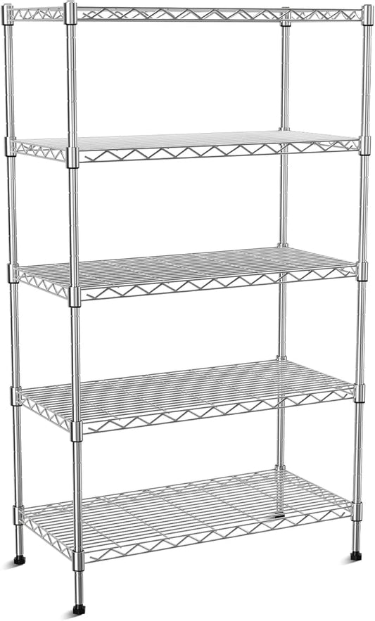 5-Tier Heavy Duty Wire Shelving Unit,35"Wx18"Dx71"H,5-Shelf Racks On Lockable Wheels,Height Adjustable Metal Shelves,Shelving Unit and Storage For Bathroom,Kitchen,Garage,Office,Studio,Chrome-NeatNest