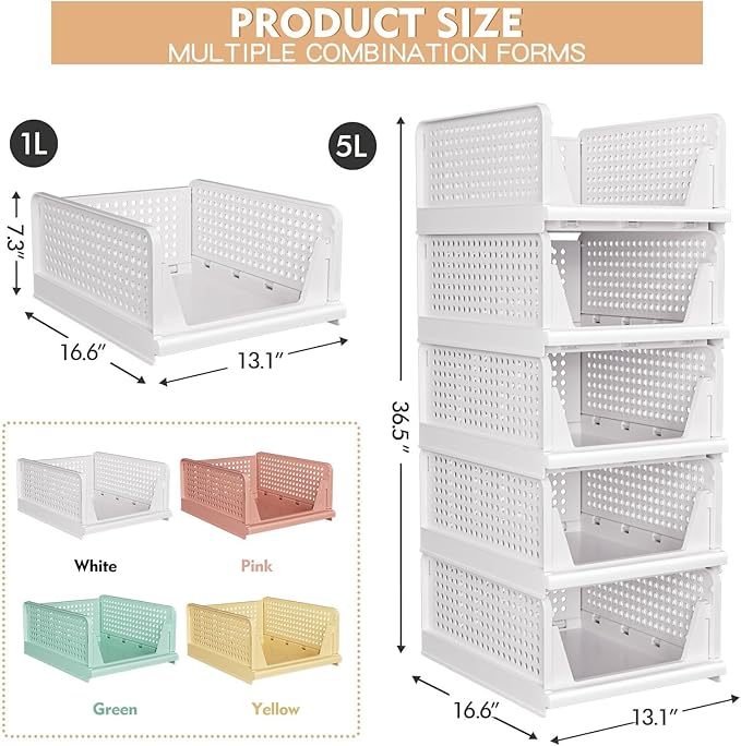 5 Pack Stackable Closet Storage Basket - Stackable Storage Bins, Multifunctional & Foldable Closet Organizer, Wardrobe Cupboard Space-Saving Hat Storage Drawer Organizer, White-NeatNest