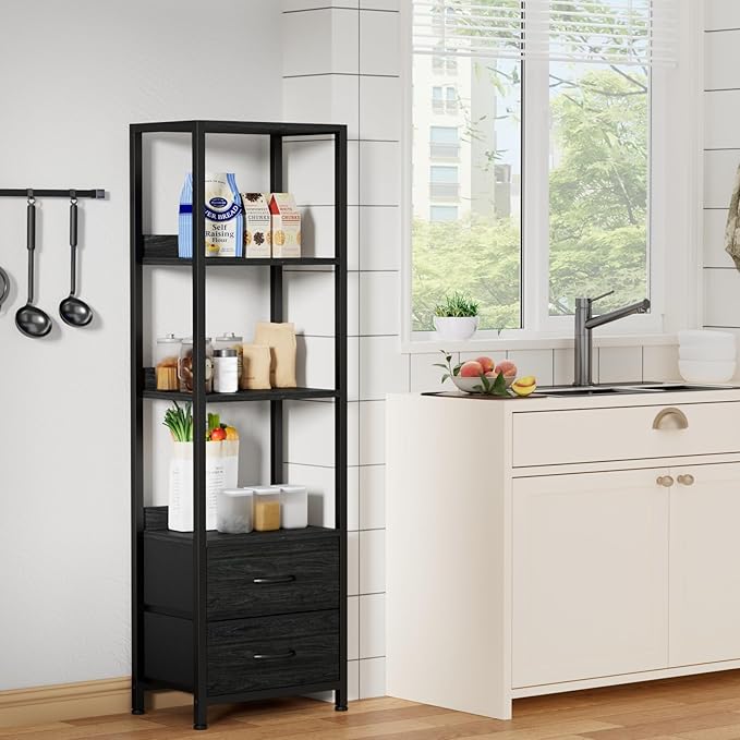 Furnulem 4-Tier Corner Shelf, Bookshelf with 2 Storage Drawers, 57.28”Tall Narrow Bookcase, Standing Shelf Organizer Unit for Living Room, Bedroom, Metal Frame, Wood Display Shelf