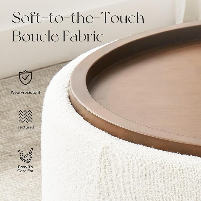 30 Inch Round Storage Ottoman Coffee Table, Modern Boucle Ottoman with Lift-Off Lid and Solid Wood Legs for Living Room, Bedroom, Corners, Apartments (Beige)