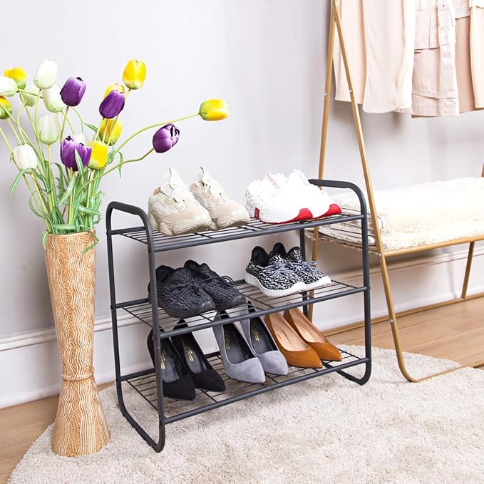 MAX Houser 3-Tier Metal Shoe Rack, Free Standing Shoe Storage Organizer, Wire Grid Shoe Tower for Closet Bedroom, Entryway, Gunmetal-NeatNest