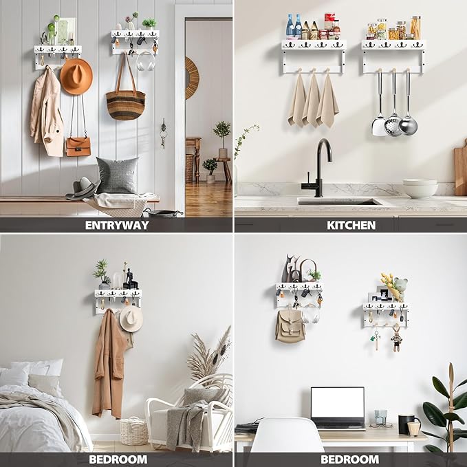 2 Pack Key Holder with 14 Hooks, Wall Hooks with Shelf, Mail Organizer with Hooks, 4 in 1 Coat and Key Hanger Shelf with Mail Holder for Entryway Living Room, Bedroom （White