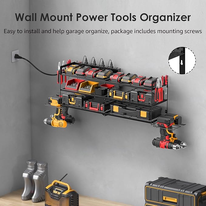 CCCEI Large Garage Tools Storage with Charging Station. Power Tool Battery Organizer Utility Shelf with Power Strip. 4 Drills Holder Wall Mount Rack, Black 3 Layer.-NeatNest