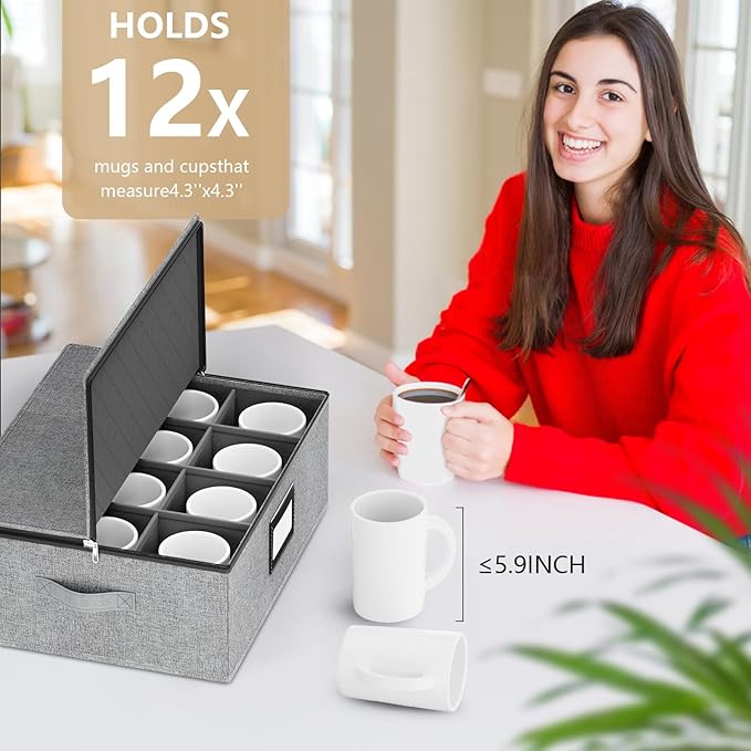 homyfort Coffee Mug Storage Box with Dividers, Durable China Storage Containers for Coffee Mugs, Tea Cups Storage Organizer (Grey) (Mug Storage Box)-NeatNest