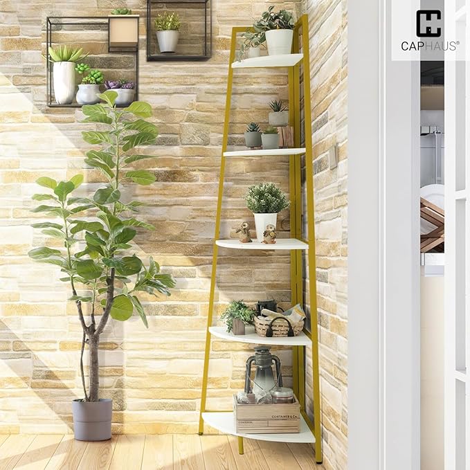 CAPHAUS Tall Corner Shelf Stand, 4-Tier Display Shelves, Ladder Corner Wood Storage Plant Bookshelf with Metal Frame, Versatile Shelving Unit Bookcase for Home Office Space, Gold-NeatNest