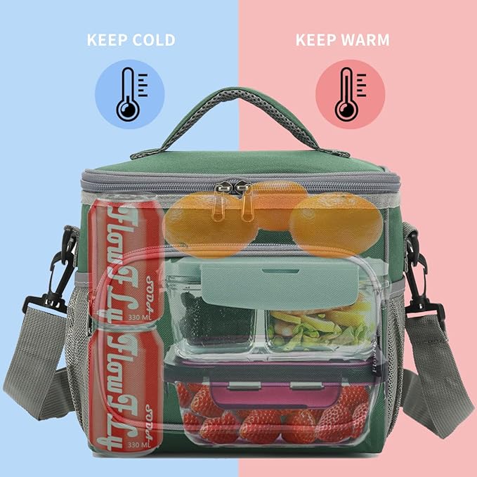 FlowFly Insulated Reusable Lunch Bag Adult Large Lunch Box for Women and Men with Adjustable Shoulder Strap,Front Zipper Pocket and Dual Large Mesh Side Pockets,ArmyGreen-NeatNest