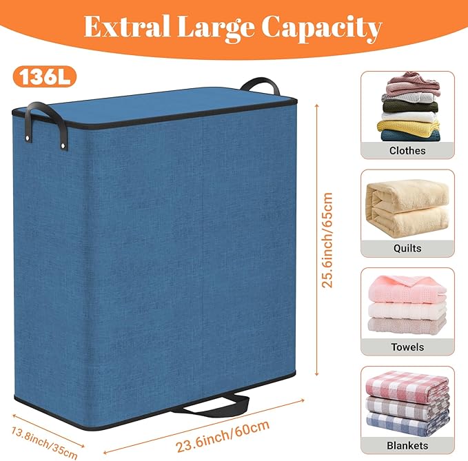 Large Double Laundry Hamper with Lid, Removable Bags & Reinforced Handles, 2 Section Tall Laundry Basket, Dirty Clothes Hampers for Laundry Room, Bedroom, Bathroom, Dorm, 136L, Blue-NeatNest
