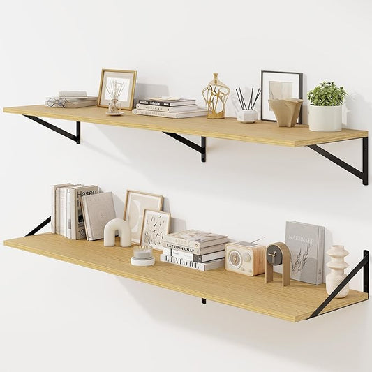 Fun Memories Floating Shelves for Wall, 12 Inch Deep Floating Shelves Set of 2, 55W x 12D Large Wall Shelf with Sturdy Metal Brackets for Living Room, Bathroom, Bedroom and Kitchen, Oak-NeatNest