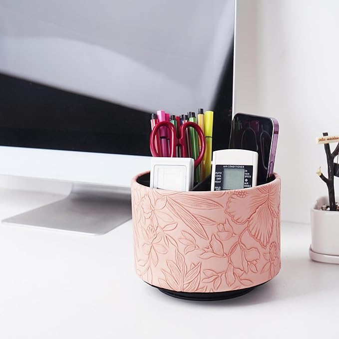 Hennaja Round Leather Art Supply Organizer,Remote Control Holder,360 Degree Spinning,Multi-Functional Pencil Holder,4 Compartments Desktop Stationary Organizer(1-Carved Pink)-NeatNest