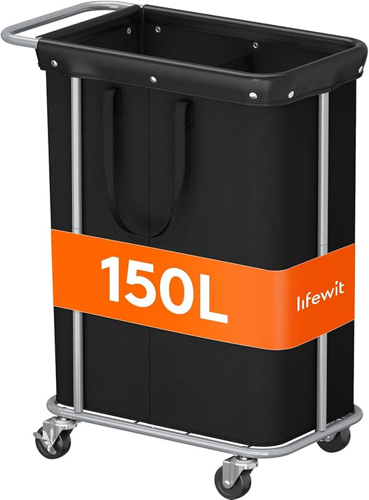 Lifewit 150L Large Laundry Basket with Wheels, Tall 2 Section Laundry Hamper Organizer, Rolling Laundry Cart with Steel Frame & Removable Bag for Luandry Room Bathroom Bedroom, Black
