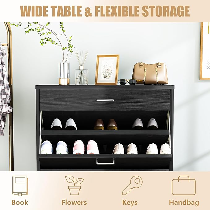 AWQM Shoe Storage Cabinet for Entryway, Free Standing Shoe Organizer with 2 Flip Drawers,Hidden Shoe Rack Storage Organizer for Doorway Hallway (Black)-NeatNest