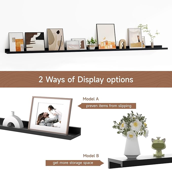 Floating Picture Ledge Shelves for Wall Set of 2, 72 Inches Picture Ledge Shelf with Long Large Nursery Book Shelf for Toys Storage Kids Bookshelf Wall Mounted Living Room Bedroom Decor Frames, Black-NeatNest